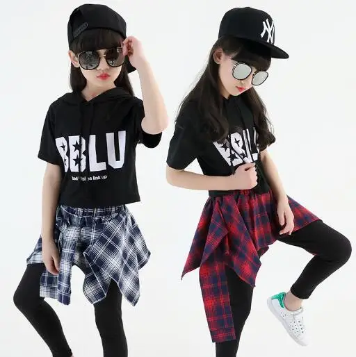 

Children Girls Hip Hop Jazz Costume Modern Ballroom Dance Wear Short Long Sleeve Shirt Top Check Pantskirt Culottes