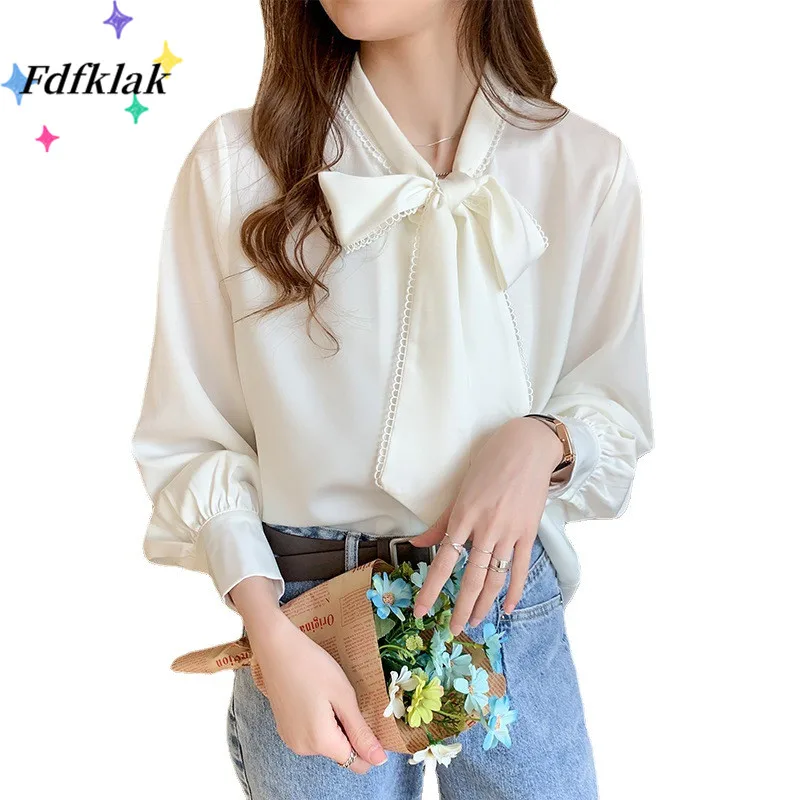

Fdfklak Plus Velvet Warm Autumn Winter New Korean Fashion Satin Chiffon Shirt Women Bow Loose Long-Sleeved Top Blusa Feminina