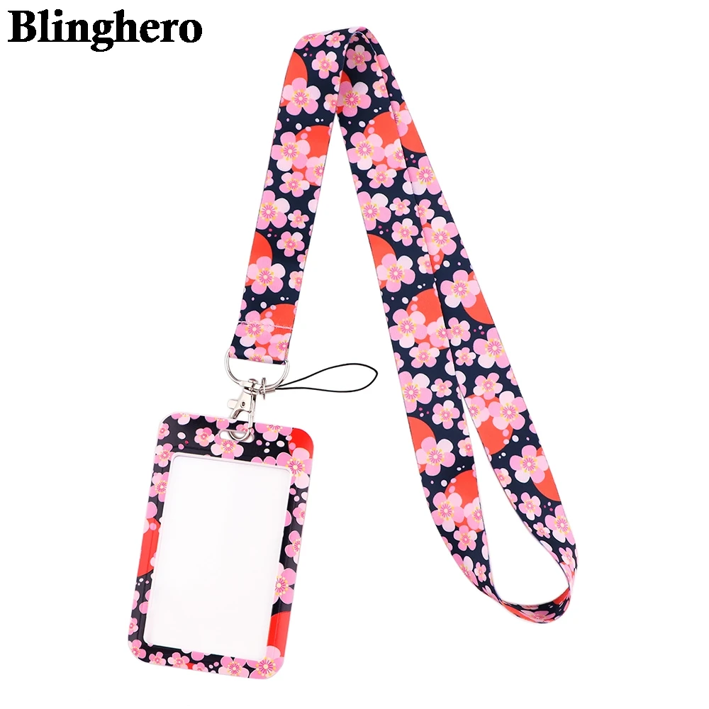 CB842 Beautiful Pink Cherry Blossom Lanyards ID Badge Card Holder Keychain Cell Phone Strap Gift Ribbon Necklace Decoration