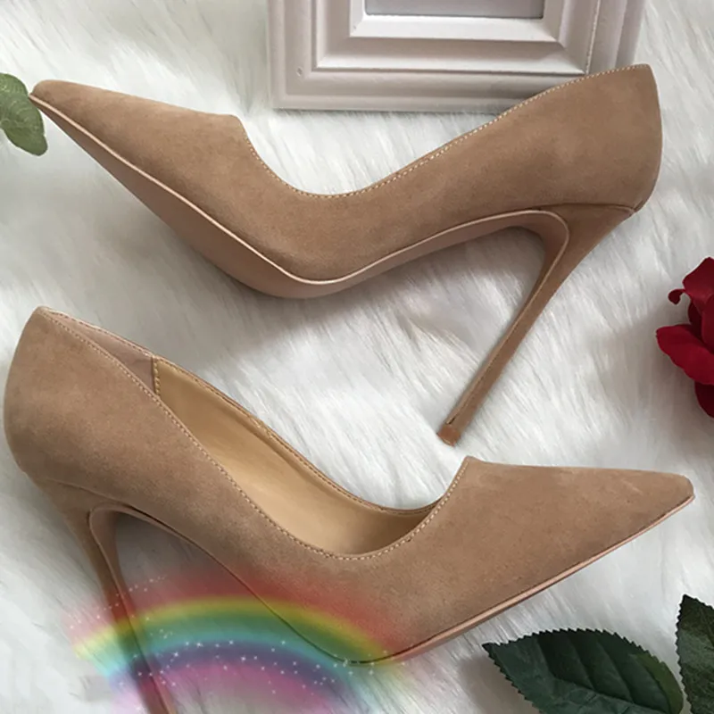 

Women Red Bottom Pumps Elegant Camel Sexy Pumps Flock Winter High Heeled Stilettos Suede Shallow Ladies Dress Shoes Pointed Toe
