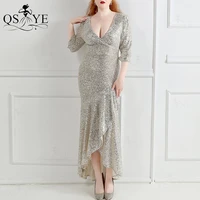 sparkle silver short evening dresses high low sequin prom gown mermaid glitter v neck party long sleeves plus size formal gown