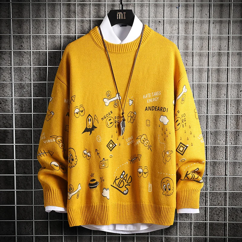 

SingleRoad Mens Knitted Sweater Men 2020 Printed Harajuku Hip Hop Jumper Korean Style Oversized Pullovers White Sweater Men