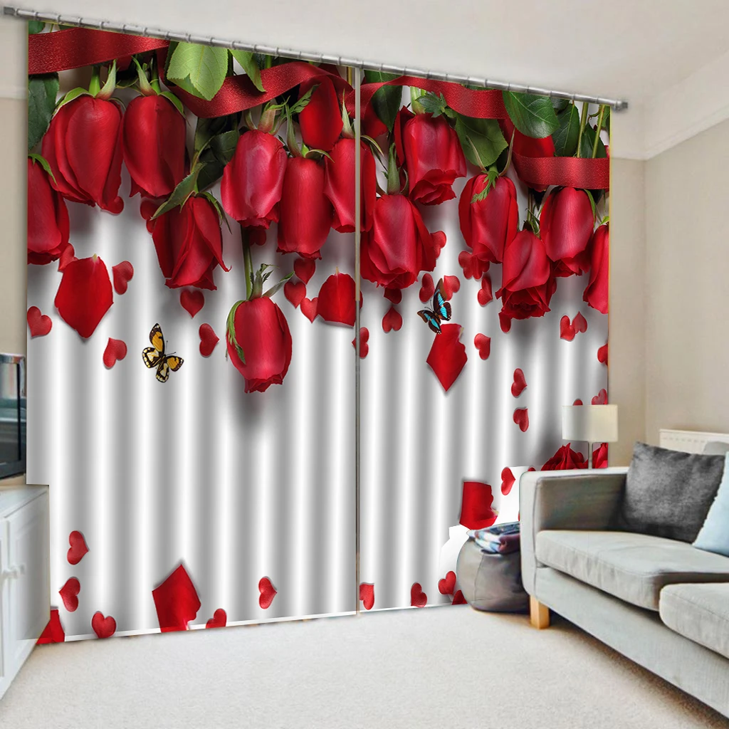 Luxury 3D Window Curtains Living Room wedding bedroom red rose curtains 3d curtains