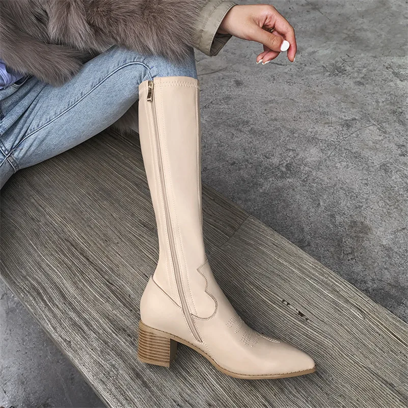 

Meotina Genuine Leather High Heel Long Boots Women Shoes Pointed Toe Block Heels Zip Knee-High Boots Ladies Autumn Winter Black