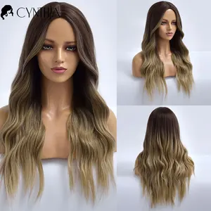 Long Brown Ombre Daily Wavy Synthetic Wigs for Women Natural Hair Cosplay Wave Female Heat Resistant Fiber Wig