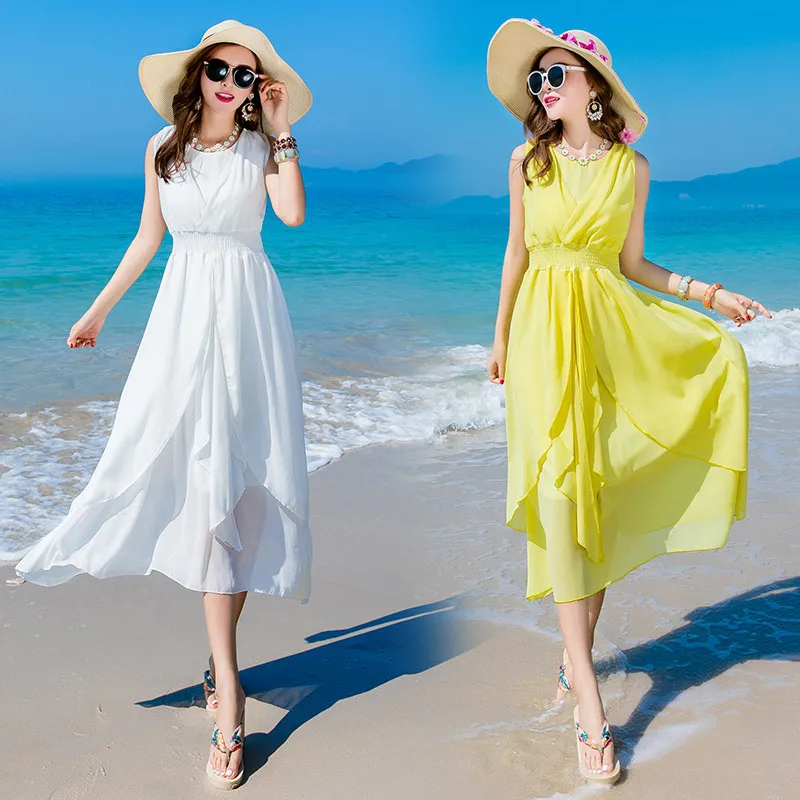

Summer lady Bohemian beach long skirt 2021 fashionable sleeveless round neck travel holiday women's Elastic Waist Chiffon Dress