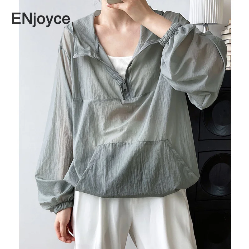 

Summer Sunscreen Pullovers Sweatshirt Women Korean Style Thin Hoodie Tops Vintage Casual Loose Gray Outdoor Breathable Clothes