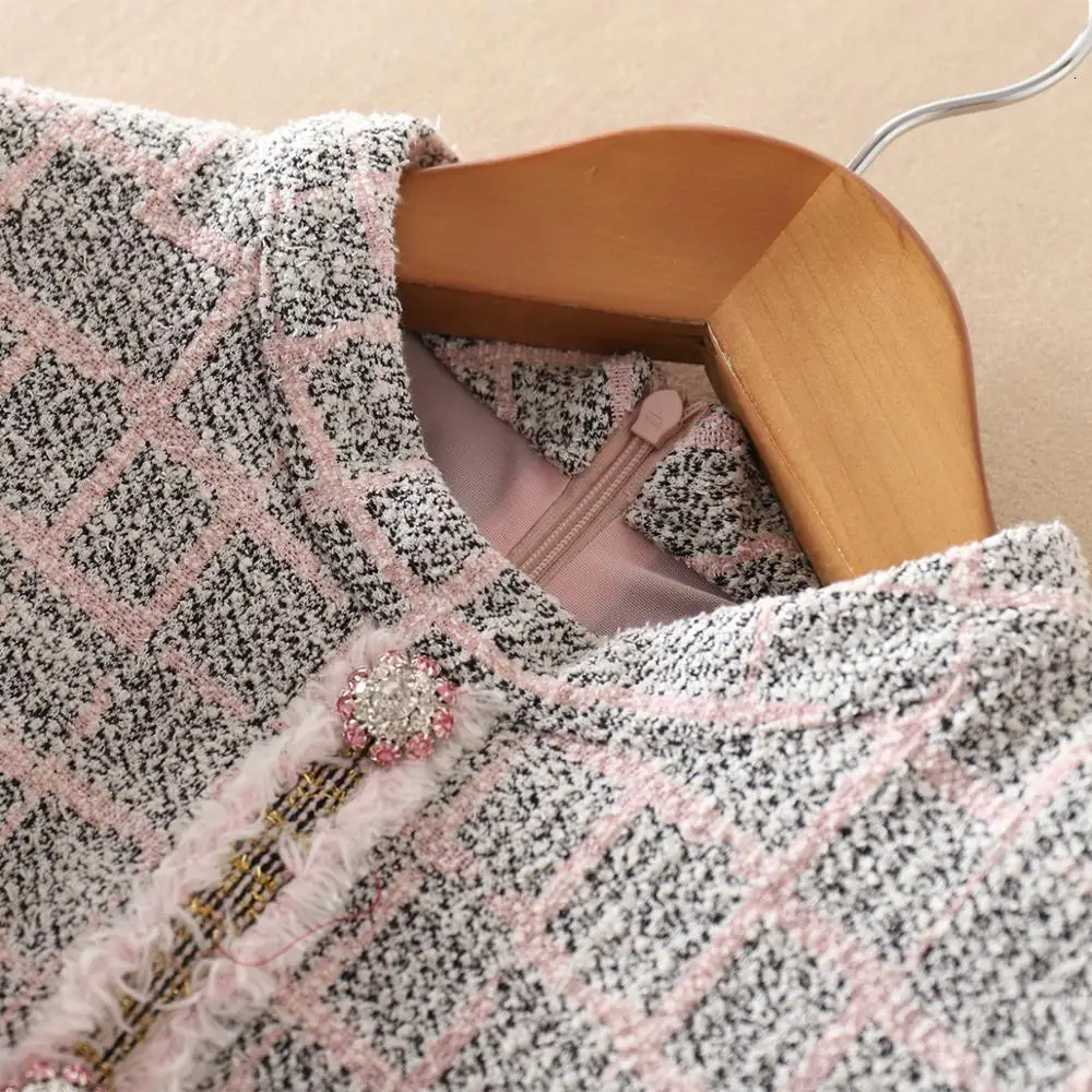 

Autumn Winter 2021 Vintage Wool Tweed Dress Women Long Sleeve Office Lady Luxury Brand Runway Designer Midi Dress Female Vestido