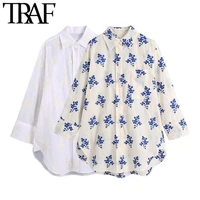 traf women fashion patch pocket loose embroidery blouses vintage long sleeve button up female shirts chic tops