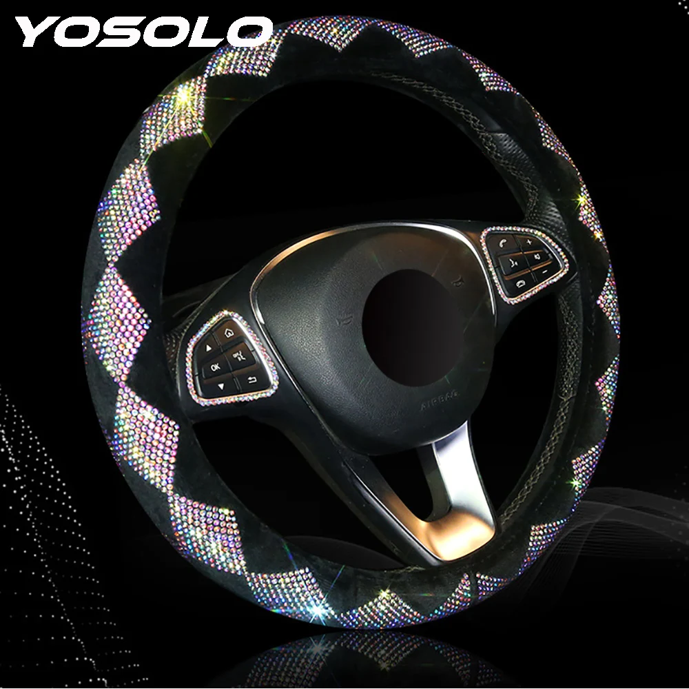 

YOSOLO Universal Car Steering Wheel Covers Plush Anti-Slip Colorful Rhinestone Covered Car-styling Auto Interior Decorations
