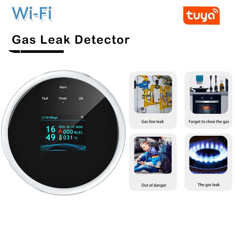

Smart Home Tuya Smart Wifi Combustible Gas Leak Detector With Temperature Sensor LCD Display USB Power Supply Gas detector