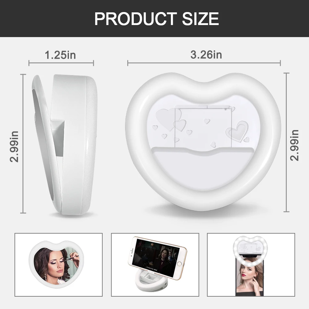 

Heart shaped LED Selfie Ring Lamp with Mini Makeup Mirror Dimmable USB Rechargeable Portable Mobile Phone Holder Clip lens Light