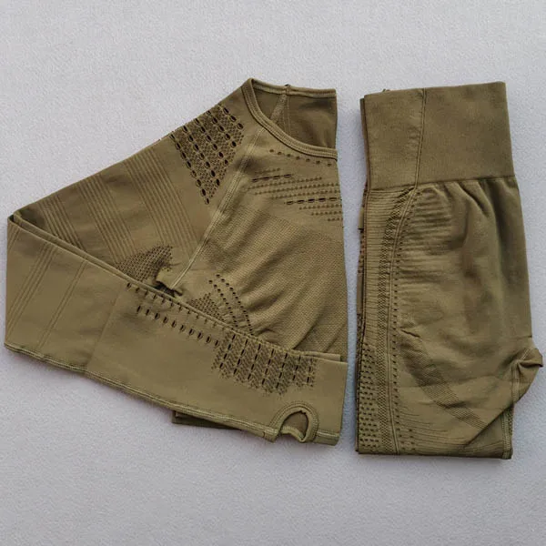 Army green 2pcs set Женский бесшовный Набор для йоги, одежда для тренировок, Топ с длинным рукавом для фитнеса+ леггинсы с высокой талией, леггинсы, 2 предмета, спортивные костюмы - Цвет: Army green 2pcs set