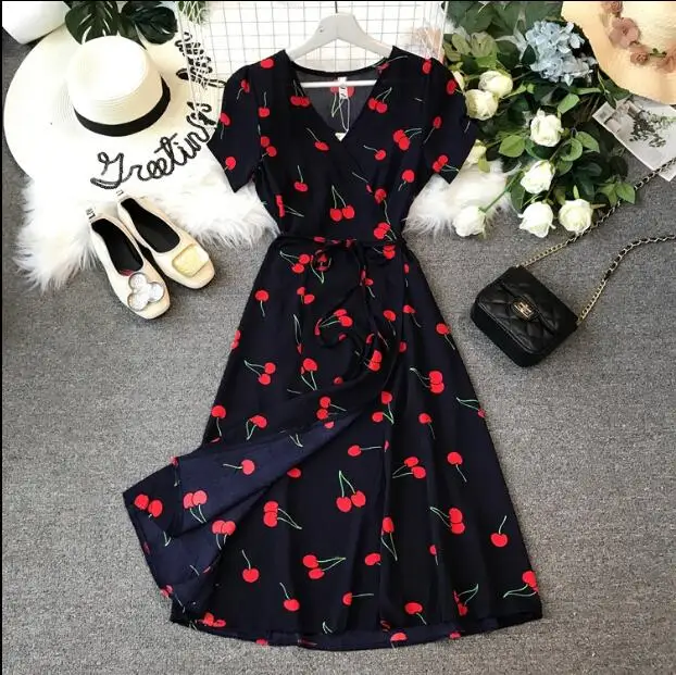 

Women Cherry dress Print Summer V neck