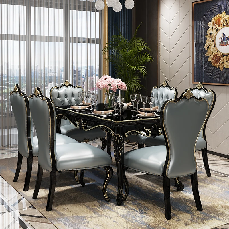 Обеденный стол и стулья из черного массива дерева Прямоугольный мрамора на 4/6