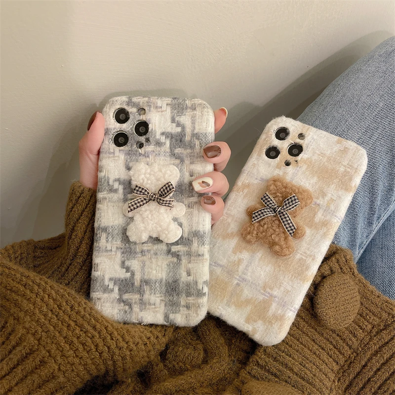 

Luxury ladies lattice mobile phone case, suitable for iPhone 13 12 11 Pro XS Max X XR 7 8 Plus Bear Back Shell Protective Case