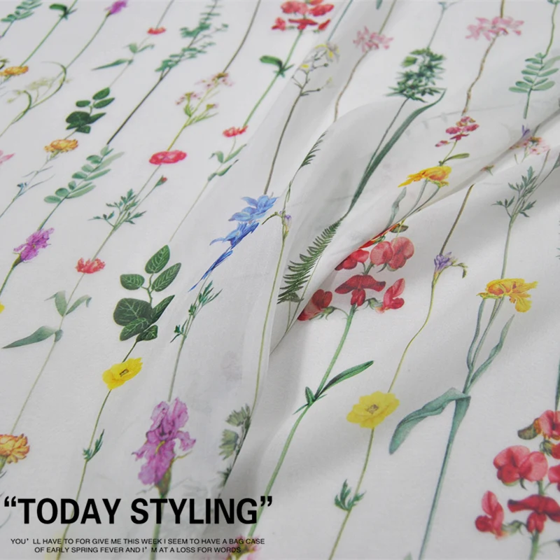 

Silk Chiffon Fabric Dress White Vertical Stripe Flower Branches and Leaves Large Wide Real Clothing Cloth DIY Sewing Tissue