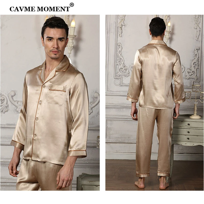 

CAVME Luxury 100% Silk Pajama Sets for Men Silk Sleepwear 2 Pieces Homewear Full Sleeve Full Pants PLUS SIZE