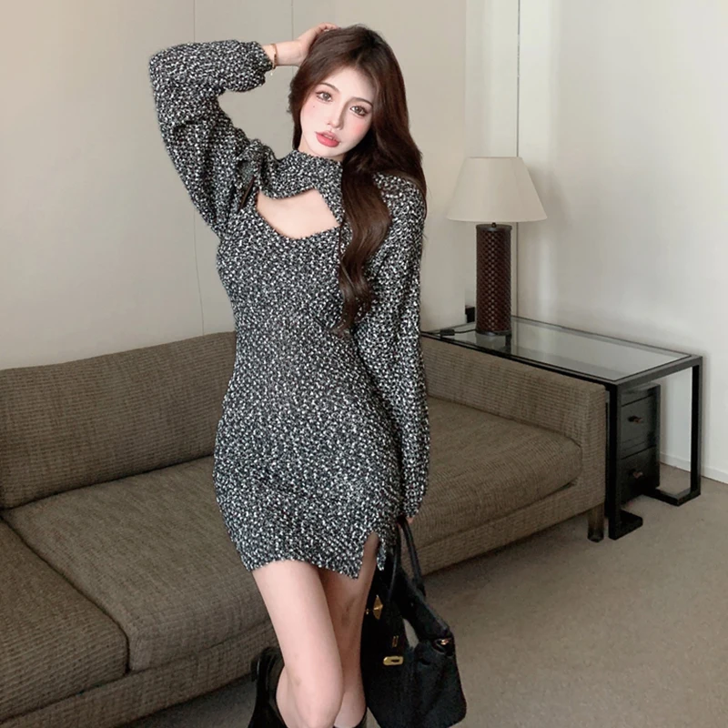 Woherb Sexy Two Pieces Set Women Long Sleeve Crop Cape + Bodycon Sleeveless Mini Dress 2022 Korean Ins Fashion Party Vestido | Женская