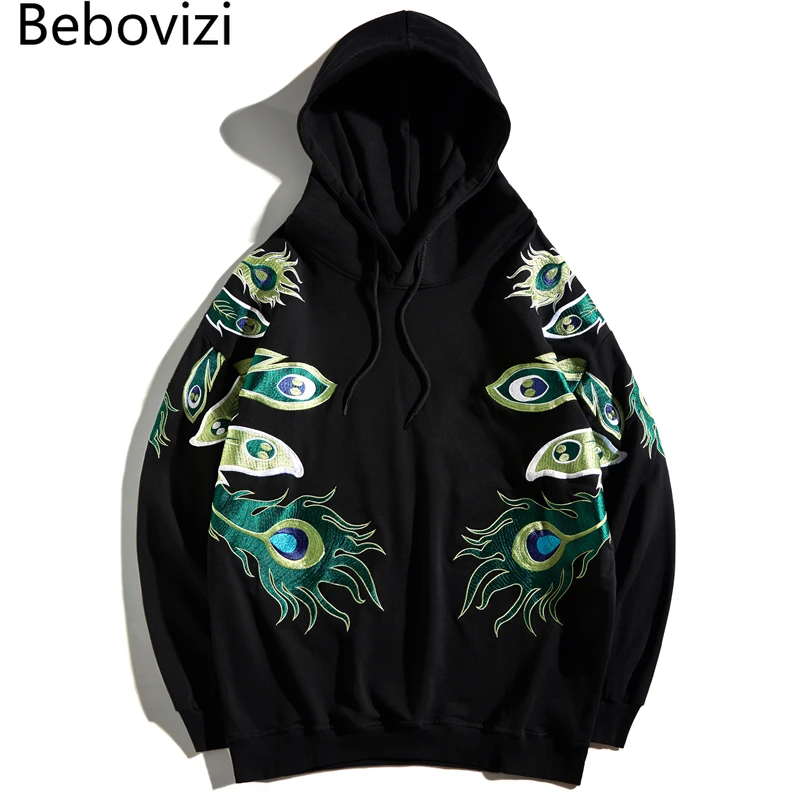 

Chinese Style Peacock Embroidery Men Hip Hop Sweatshirt Streetwear Fashion Harajuku Casual Japanese Hooded Hoodie Black