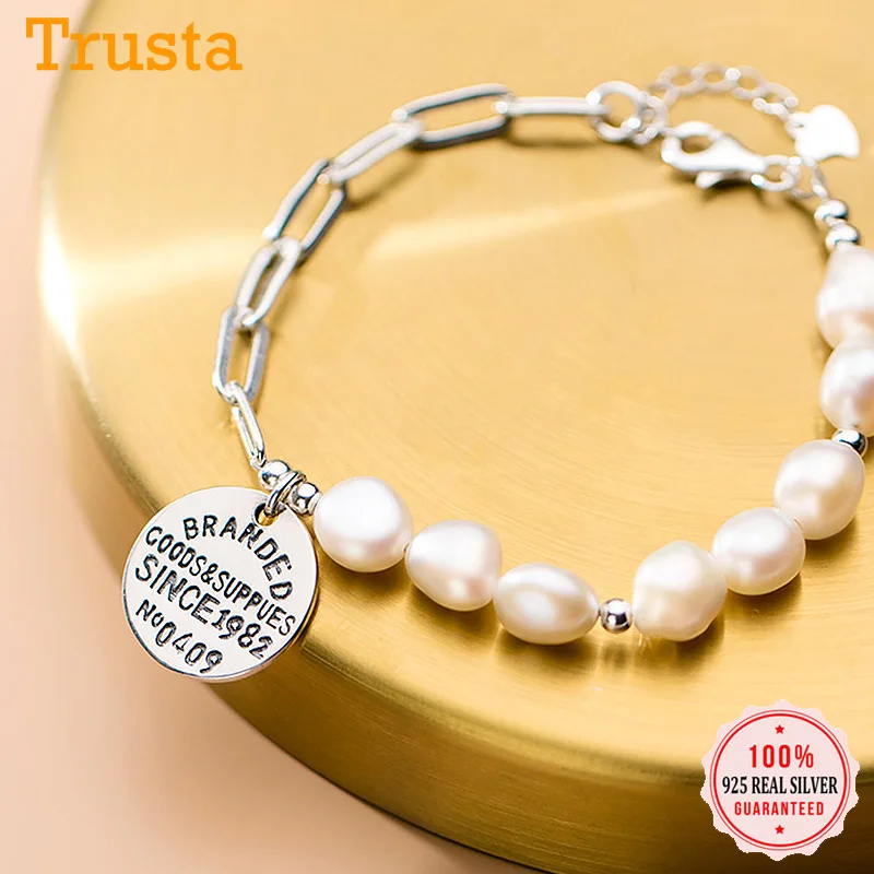 

Trustdavis роскошный браслет-цепочка из стерлингового серебра 925 пробы с жемчугом в стиле барокко, с буквенным принтом, для женщин, украшения на д...