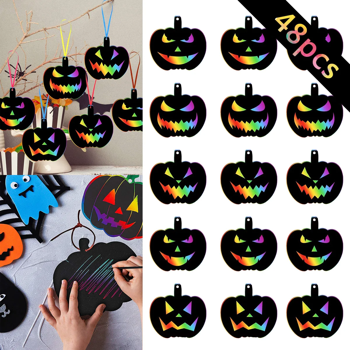

48Pcs Halloween Pumpkin Scratch Painting Paper with 48Pcs Colored Ribbons and 12Pcs Bamboo Pens DIY Decor Kids Painting Supplies