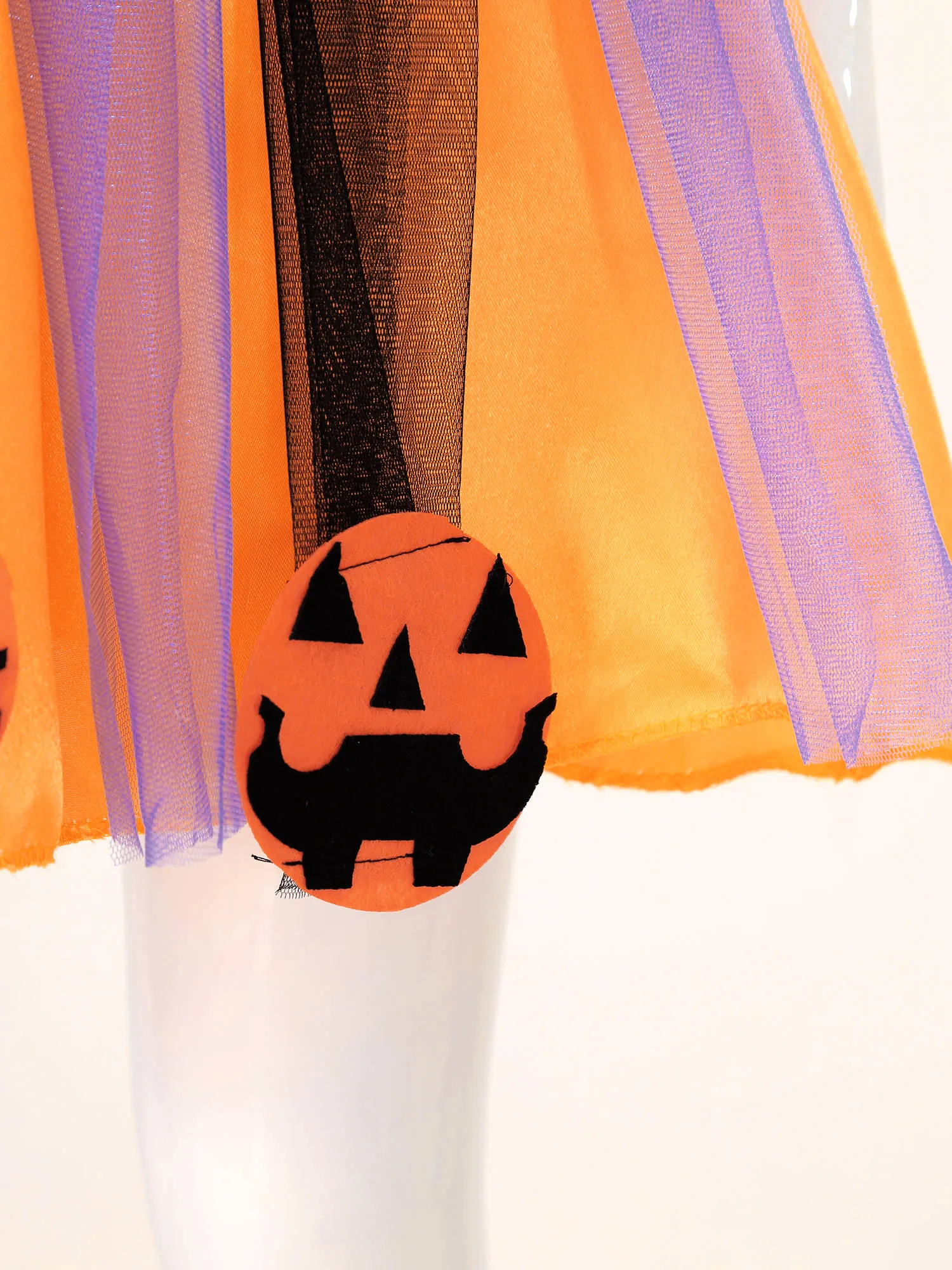 Vestido de Cosplay de bruja de Halloween para ni&ntilde;os y ni&ntilde;as, traje de juego de rol con aplicaci&oacute;n de calabaza, malla con varita m&aacute;gica y sombreros, color negro y naranja-5