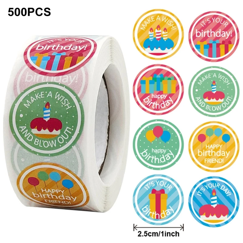 

500 Pieces/roll Happy Birthday Self-adhesive Stickers for Party Favors Rewards
