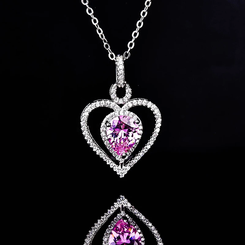 

925 Silver Hollow Heart Pendant Necklace Inlay Water Drop Pink Crystal Zircon Fashion Jewelry For Women Wedding Party Gift
