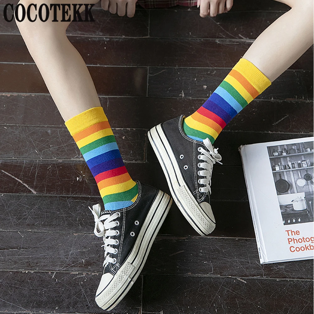 

Women Socks New Warm Cotton Rainbow Stripes Socks Korean Fashion Harajuku Soft Casual Trend Street Tide Socks Gifts Dropshipping