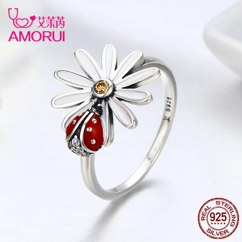 AMORUI AAA CZ камень 925 пробы Серебряный цветок и Божья коровка Страна Чудес палец