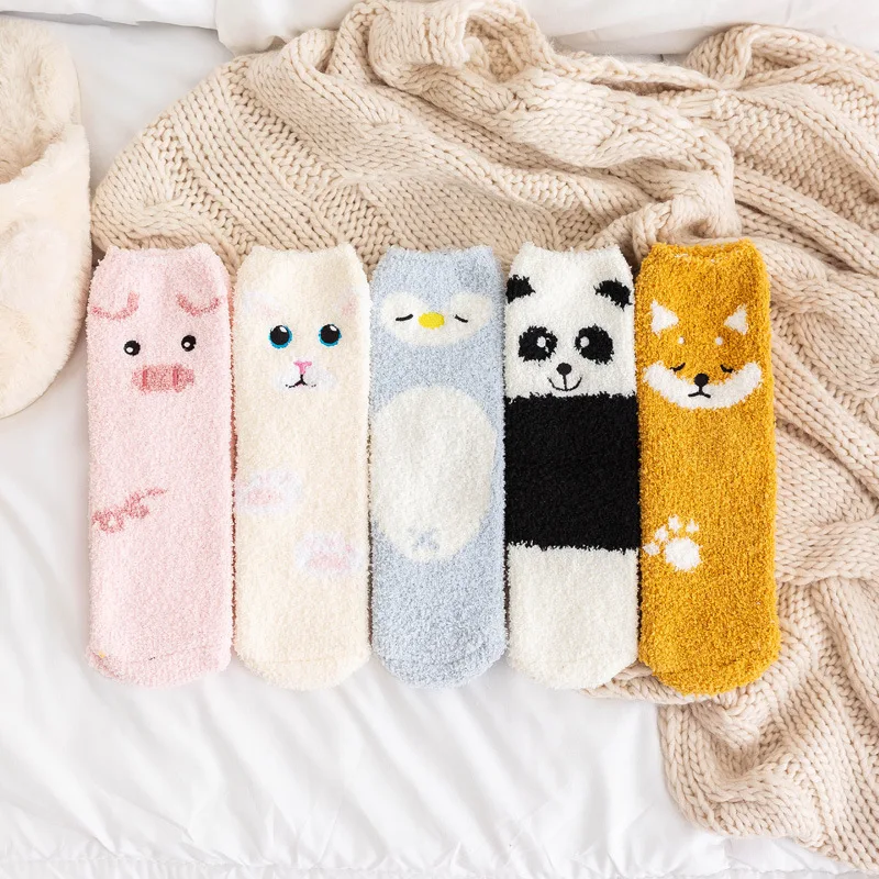 

Autumn Winter Thick Coral Fleece Women's Socks Cartoon Animals Cute Long Socks Japanese Kawaii Homewear Warm Floor Sleeping Sock