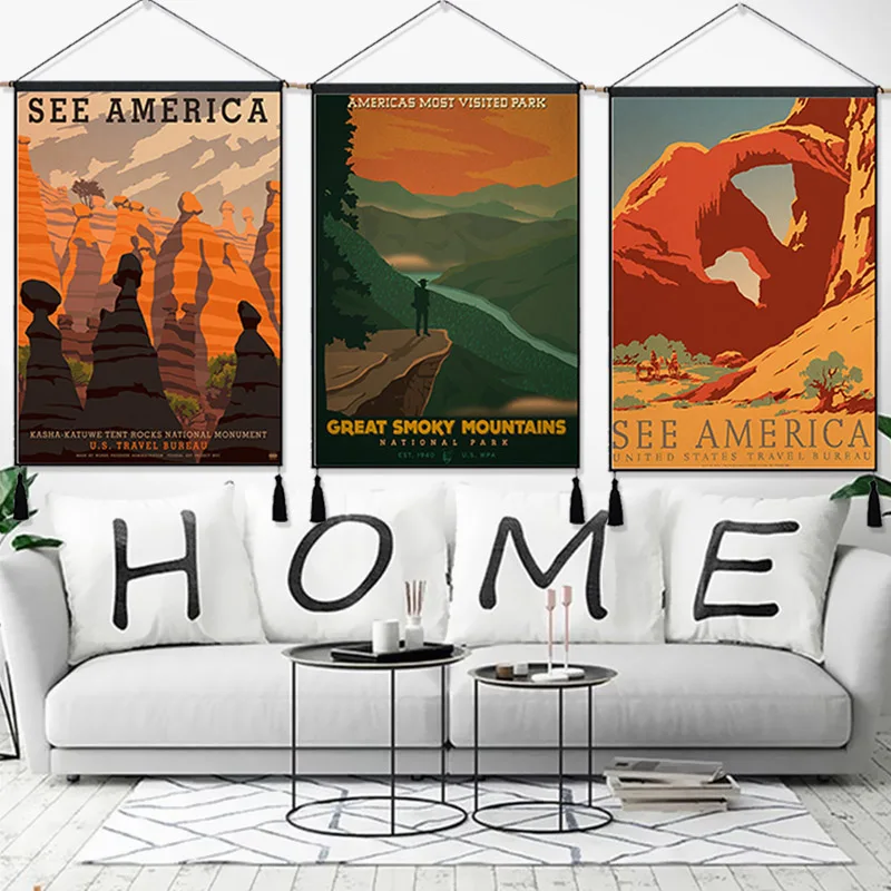 See America Great Smoky Mountains Park Vintage Hanging Cloth Cotton Line Painting Poster Home Decor Wall Tapestry Gift | Дом и сад