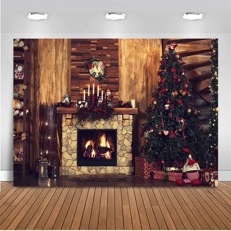 

Christmas Fireplace Photography Backdrops Christmas Tree Clock Decoration Background Photo Studio Props Supplies