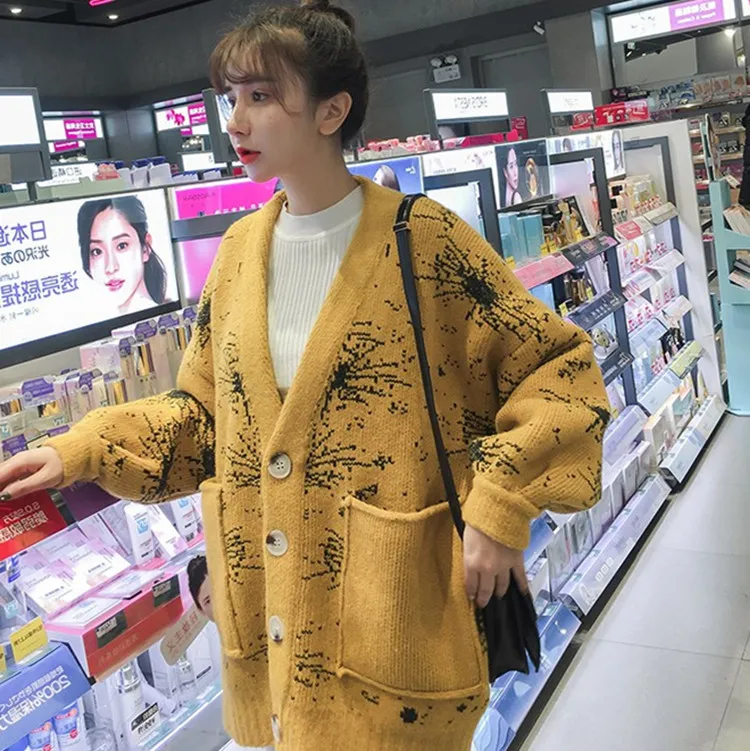 Осень Зима вязаные Желтые свитера женский кардиган 2019 корейский v-образный вырез