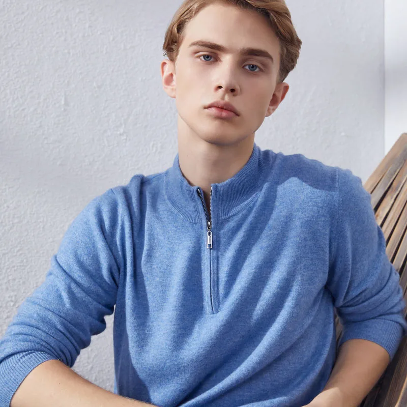 Мужской трикотажный кашемировый свитер джемпер на молнии с воротником 7 цветов
