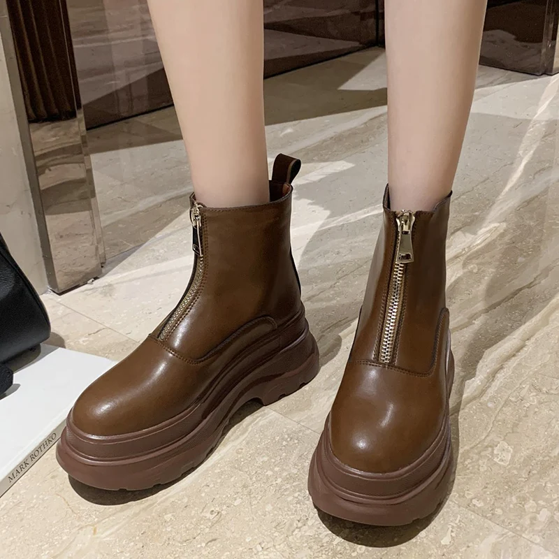 

2020 Winter Fashion Women Warm Fur Wedges Ankle Boots Brown Thick Bottom Heels Platform Punk Boots Waterproof Martin Boots Shoes