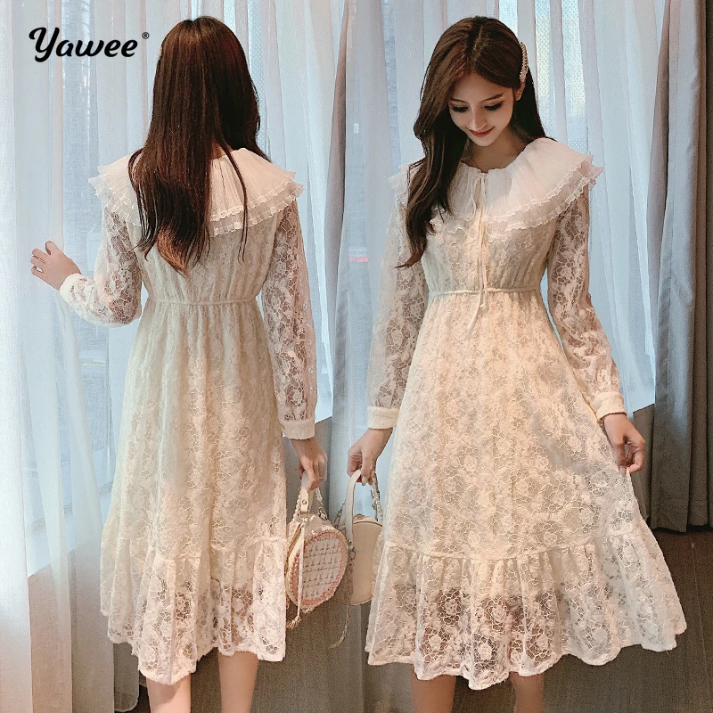 

Yawee Summer lace white Long Dress Women Floral solid see through long Sleeve elegant Dress Ladies Casual Dresses Vestidos