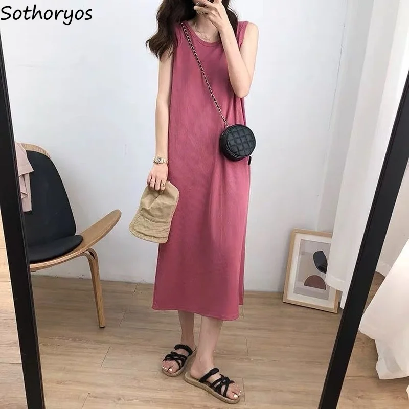 

Solid Nightgowns Women Simple Sleeveless O-neck Mid-calf Loose Breathable Cozy Sleepshirts Teenagers Basic Home Females Lounge