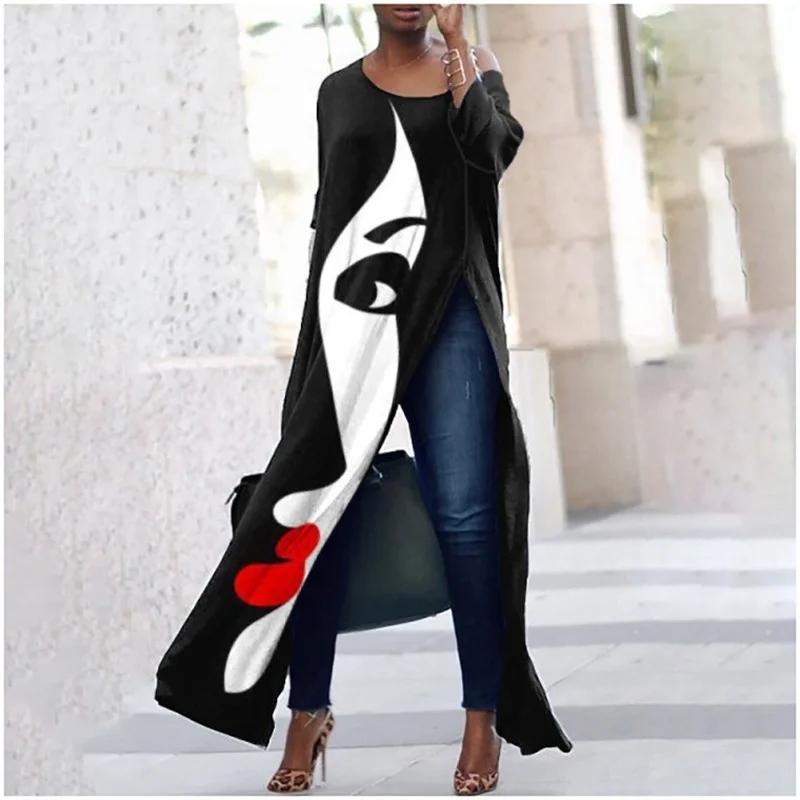 

2021 Off Shoulder Women Dress Summer Abstract Print Long Dress Fashion O-neck Long Sleeve Loose Side Split Streetwear