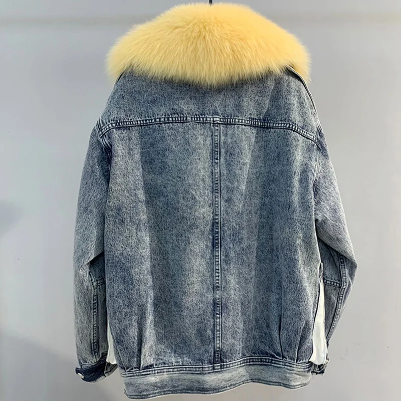 2019 ВИНТАЖНАЯ ДЖИНСОВАЯ парка пальто из натурального меха зимняя куртка для