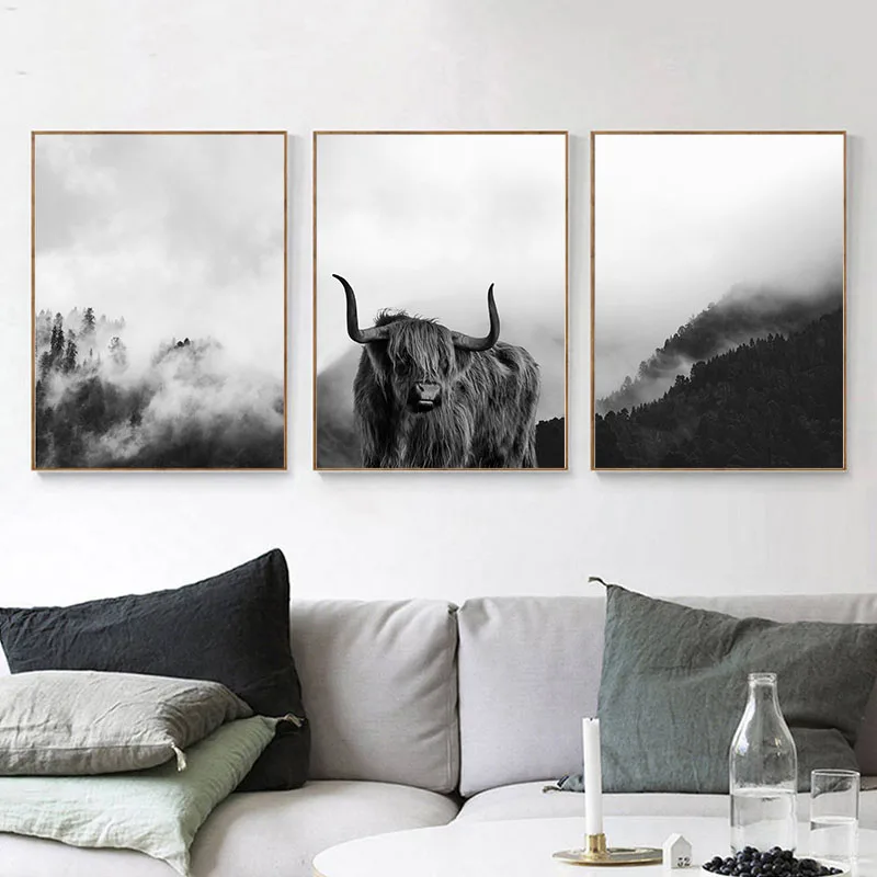 

Scandinavia Landscape Poster Black White Art Misty Mountains Wall Art Animal Oil Painting on Canvas Modern Home Decoration