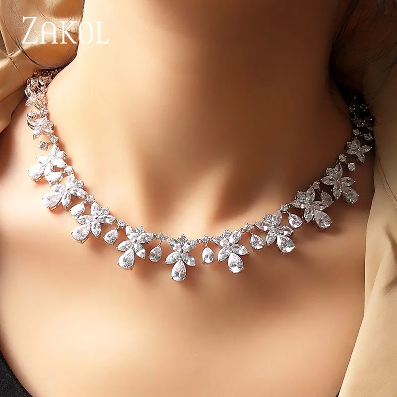 ZAKOL высокое качество кубический циркон в форме цветка серьги ожерелье Свадебные