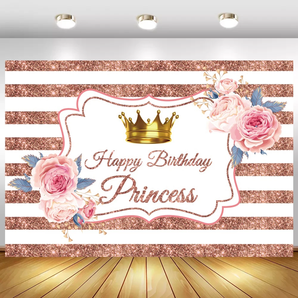 

Pink Striped Princess Happy Birthday Backdrop Photography Floral Frame Custom Newborn Baby Shower Girl Women Background Vinyl
