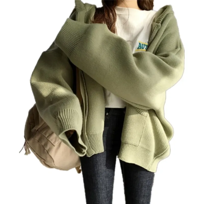 

Hooded Zipper Autumn Women Cardigan Coat 2019 Solid Colors Loose Lazy Wind Long Sleeve Pocket Fashion Korean Style Sweater