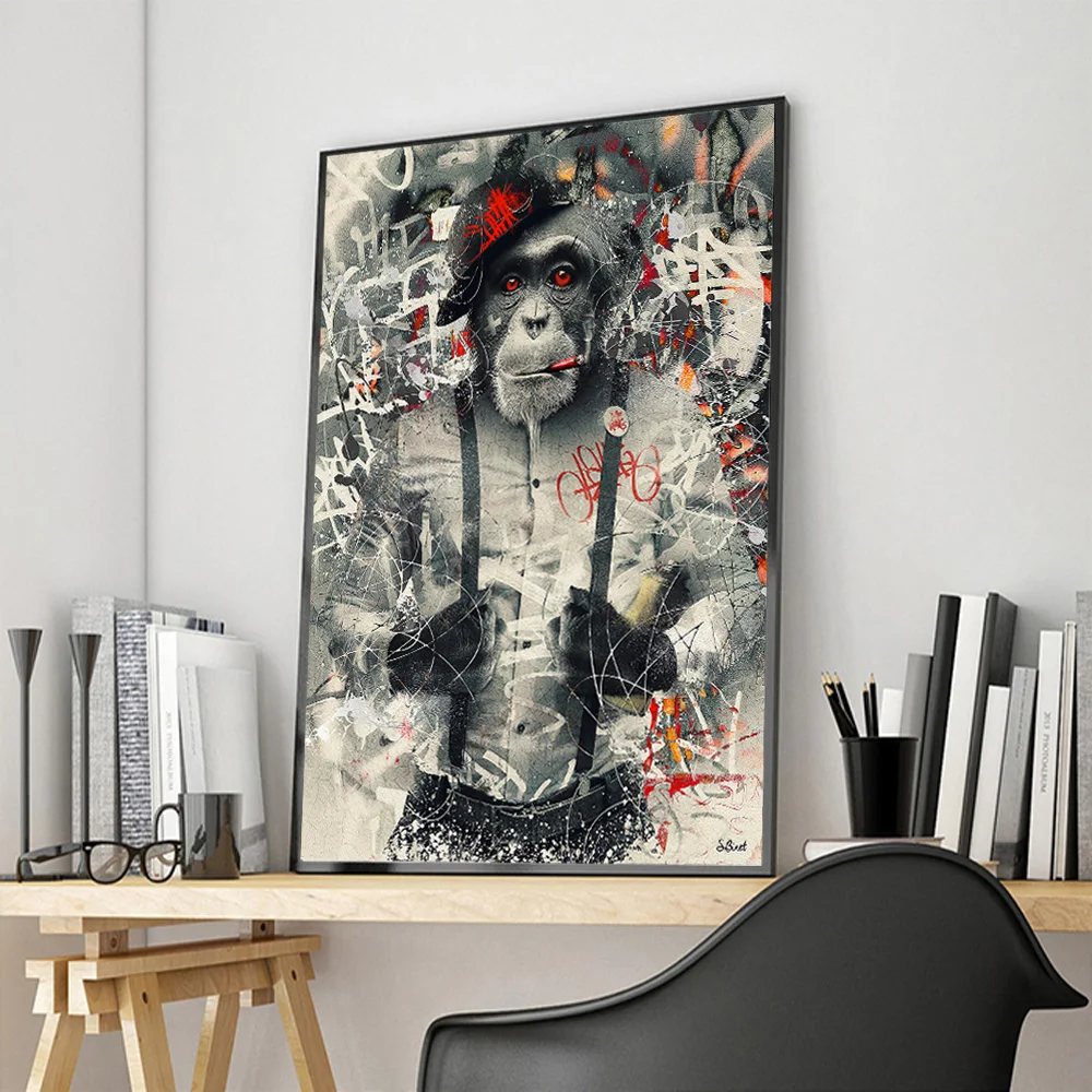 

Smoking Monkey In Suit Graffiti Poster Funny Animal Canvas Painting Prints Wall Street Art Picture For Room Home Decor Cuadros