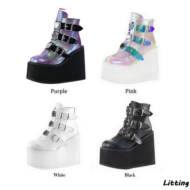 2020 Winter Metal Buckle Ankel Boots Women Punk Female Platform Wedges High Heel PU Botas Mujer Plus Size | Обувь