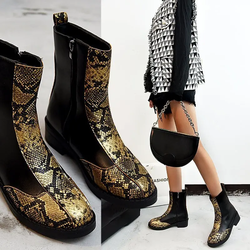 

okkdey 2020 autumn new fashion snake print color matching round toe low heel boots British style all-match short boots