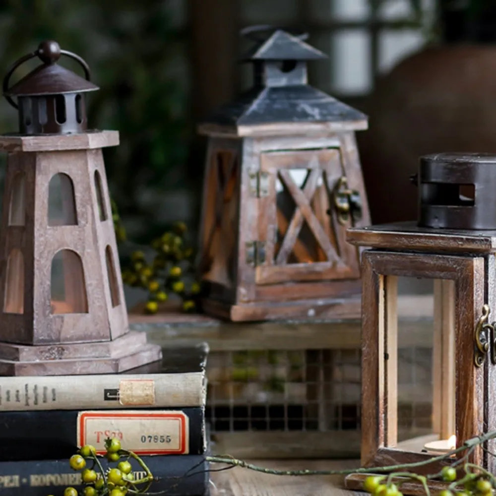 Gray Wind Light Candle Holders Wrought Iron Candlestick Wooden Wind Light Castle Lighthouse Decor Vintage Old Charcoal Color