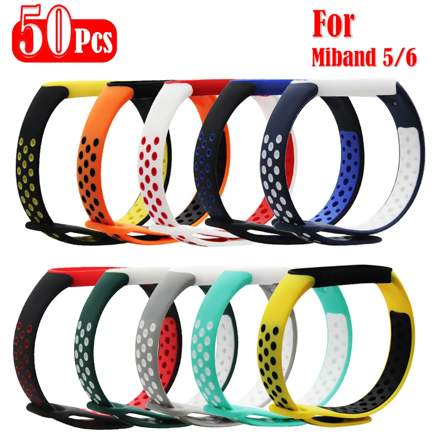 

50Pcs Bracelet for Xiaomi Mi Band 6 5 Double Color Porous Anti-Sweat Sport Breathable Strap for Miband 6 Replacement Strap